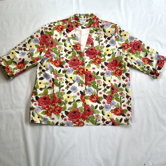 Vintage 90s Jacket Blazer Blair Womens 2XL Faux Stitch Floral Open Front Pockets - Picture 2 of 11